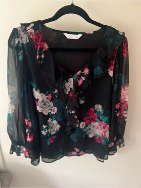 LC Lauren Conrad Black Sheer Floral Blouse with Ruffle Trim